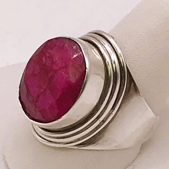 Raw Ruby Sterling Silver Ring .925 Faceted Size 8 July Birthstone Saddle Style - Picture 2 of 7